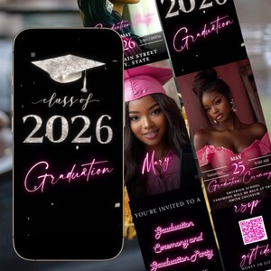 Class of 2026 graduation invite editable video template animated announcement digital evite photo invitation silver pink instant download