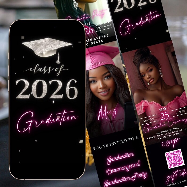 Class of 2026 graduation invite editable video template animated announcement digital evite photo invitation silver pink instant download