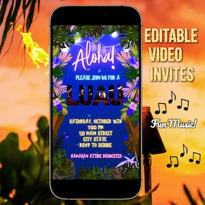 May include: A smartphone displays a digital invitation for a Luau party. The invitation features the word "Aloha!" and event details. The background is a sunset with tropical foliage and musical notes.