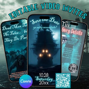 May include: Three smartphone screens displaying Halloween-themed video invites. The invites feature pirate ship illustrations, spooky text, and a QR code. One invite reads "Dead Men Tell No Tales... They Do Party." Another says "Save the Date ye salty scoundrels!"