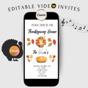 Bearbeitbares Thanksgiving-Videoeinladung Minimalistischer Herbst Animiertes Handy Evite Friendsgiving Digital Invite Türkei Kürbis Sofort-Download