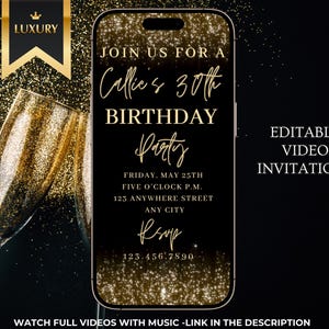 Gold-Glitter Geburtstagseinladung bearbeitbare Video Vorlage funkeln glam animierte evitierte digitale Feier Karte Canva Sofort-Download-Einladung