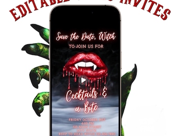 Halloween Video Invitation Halloween Party Invite Vampire Theme Evite Animated Vampire Fangs Glam Birthday Digital Canva Editable Template