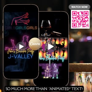 Könnte beinhalten: Zwei Smartphones mit Neon-Partywerbung. Eines zeigt den Text "GIRLS GIRLS GIRLS" und "John's Bachelor Party J-VALLEY". Das andere zeigt einen QR-Code und eine Partyszene mit dem Text "John's Bachelor Party". Ein Glas Likör und eine Zigarre sind im Vordergrund.