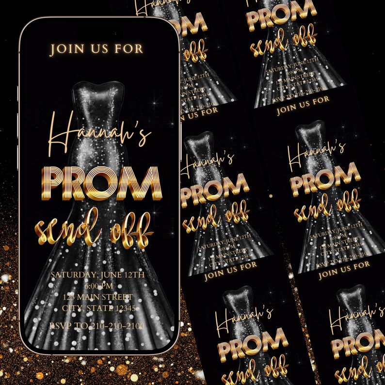 Prom Send-off Video Invitation Digital Black and Gold Prom Dress Reveal ...