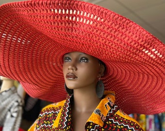 Summer Hat/Cruise Hat/Red African Hat/African Beach Hat/Vacation Hat/ Wide Brim Hat/ Large Straw Hat/Oversized Hat/Big Floppy Hat/