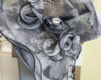 Grey & Black Wide Brim Hat, Cowrie Shell Feather Accent