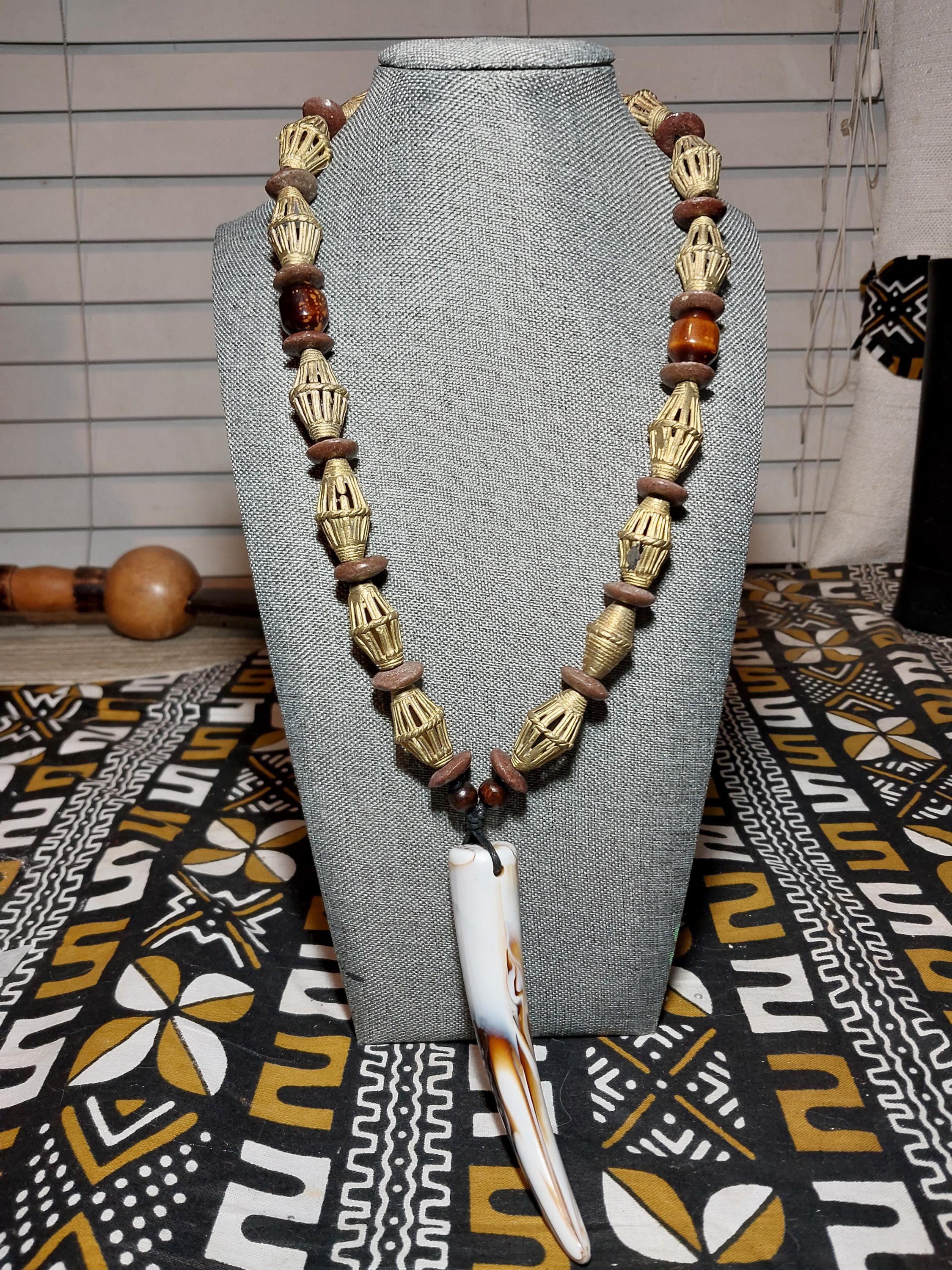 African Brass Necklace, Horn Necklace, Brass Beaded Necklace, Male