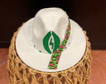 Witte, roze en groene fedorahoed/fedorahoed/designer fedora/verjaardagscadeau/herfsthoed /winterhoed/fedorahoed dames/roze onderkant
