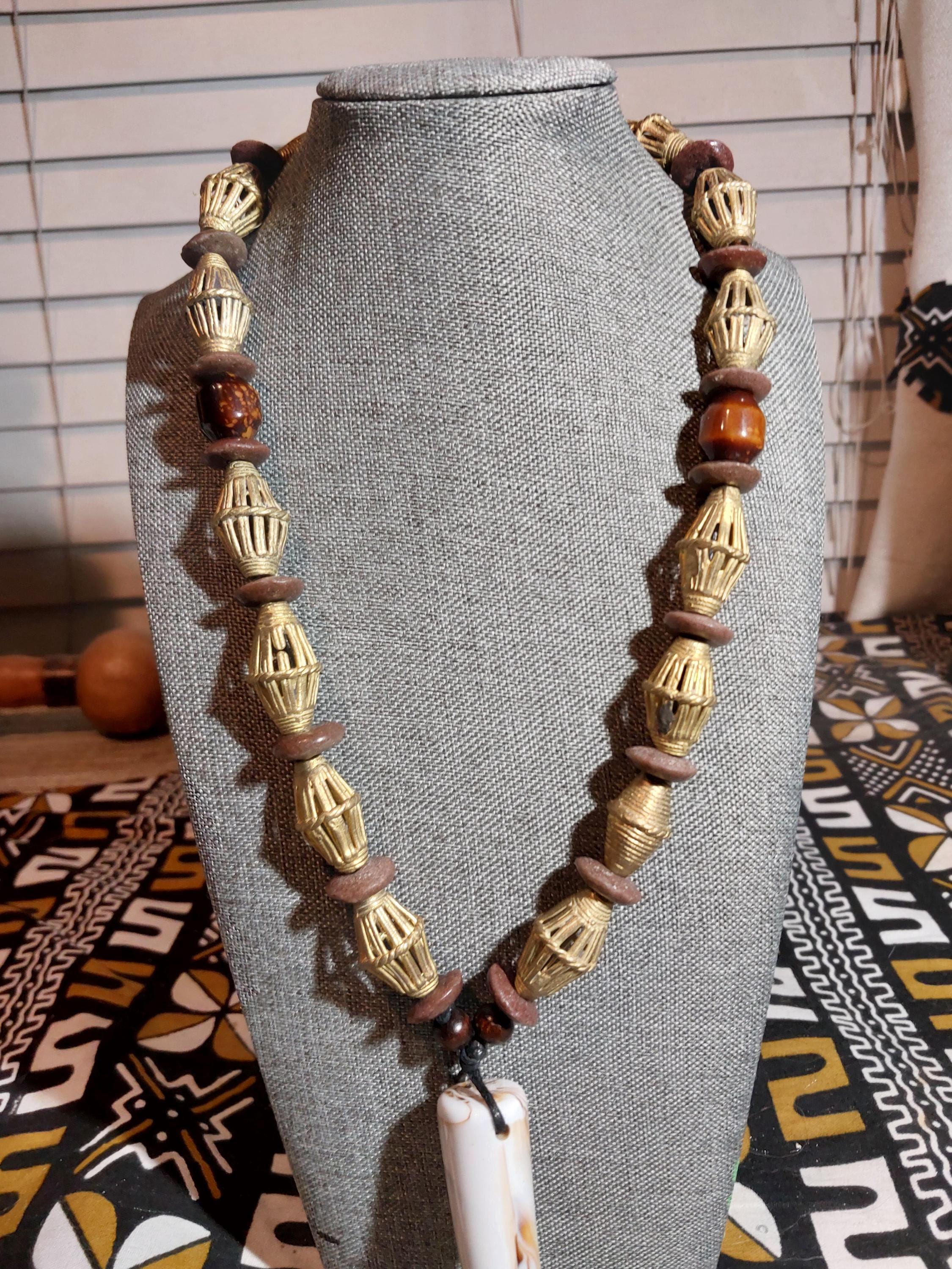 Vintage★African Brass bead long necklace African Brass Necklace, Horn Necklace, Brass Beaded Necklace, Male