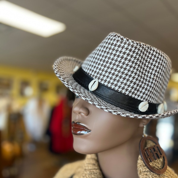 Black Brown And White Fedora/Cowrie Shell Fedora/Unisex Fedora/Mens Hat/Women Hat/Formal Fedora Dress Hat/African Cowrie Shell Fedora