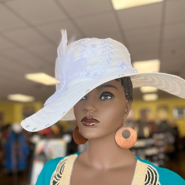 Mother’s Day Hat,African Church Hat, Derby Hat, Spring OR Summer Hat, Gift For Her, White Wide Brim Hat, Wedding Hat, Diva Hat