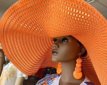 Summer Hat/ Cruise Hat/Orange African Hat/African Beach Hat/ Vacation Hat/ Wide Brim Hat/ Large Straw Hat/Big Floppy Hat/Oversized Hat