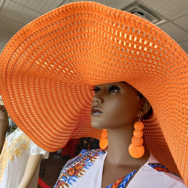 Summer Hat/ Cruise Hat/Orange African Hat/African Beach Hat/ Vacation Hat/ Wide Brim Hat/ Large Straw Hat/Big Floppy Hat/Oversized Hat