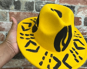 Adinka-fedora, gele en zwarte gleufhoed, cadeau voor hem of haar Afrikaanse gleufhoed voor mannen/vrouwen, designer gleufhoed