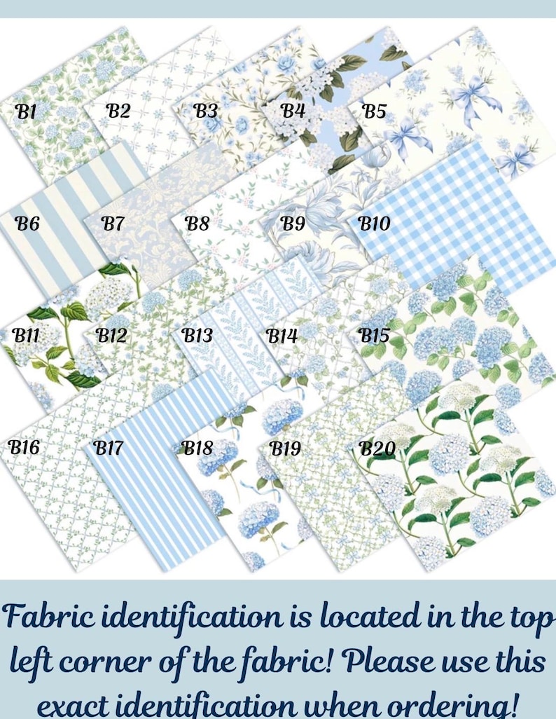 Op de afbeelding: Een collectie van twintig stofstalen gelabeld B1 tot en met B20, met diverse blauw-witte patronen waaronder bloemenprints, gingham, strepen en botanische ontwerpen. De tekst onderaan luidt: Fabric identification is located in the top left corner of the fabric! Please use this exact identification when ordering!