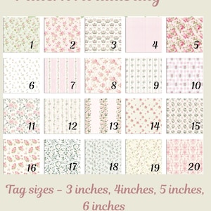 Op de afbeelding: Een raster van twintig verschillende bloemen- en strepenpatronen genummerd van &eacute;&eacute;n tot twintig. De tekst bovenaan luidt Pattern Availability en de tekst onderaan luidt Tag sizes - 3 inches, 4inches, 5 inches, 6 inches.