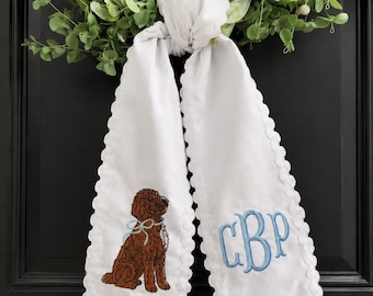 Custom Pet Monogram Wreath Sash, Linen Door Decor Bow