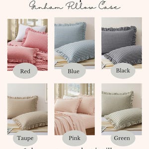 Pu&ograve; includere: Color Options Gingham Pillow Case. Sei federe rettangolari con bordi arricciati in motivi a quadretti vichy rosso, blu, nero, tortora, rosa e verde. Testo: Color Options Gingham Pillow Case, *please note - product is pillow case only (insert not included).