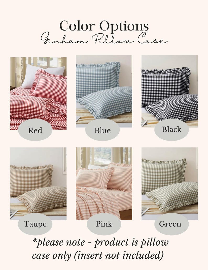 Pu&ograve; includere: Color Options Gingham Pillow Case. Sei federe rettangolari con bordi arricciati in motivi a quadretti vichy rosso, blu, nero, tortora, rosa e verde. Testo: Color Options Gingham Pillow Case, *please note - product is pillow case only (insert not included).