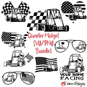 May include: A collection of black and white quarter midget racing car graphics. The designs include racing cars, checkered flags, and American flag elements. Text includes "Quarter Midget SVG/PNG Bundle1" and "Your Name Racing".