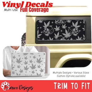 May include: Vinyl decals with full coverage, featuring a black and gray skull and cannabis leaf design. The image also shows a laptop with a cannabis leaf pattern. The text says "Multiple Designs, Various Sizes, Custom Options available!"