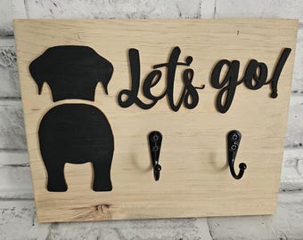 Let’s Go Dog Silhouette Key Leash Holder 3D Laser Cut Wood Entryway Organizer Dog Leash Rack Wall Hooks Pet Lover Home Decor Funny Dog Sign