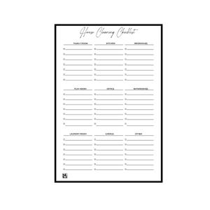 May include: A printable house cleaning checklist with a black border. The checklist is divided into sections for different rooms, including family room, kitchen, bedrooms, play room, office, bathrooms, laundry room, garage, and other.