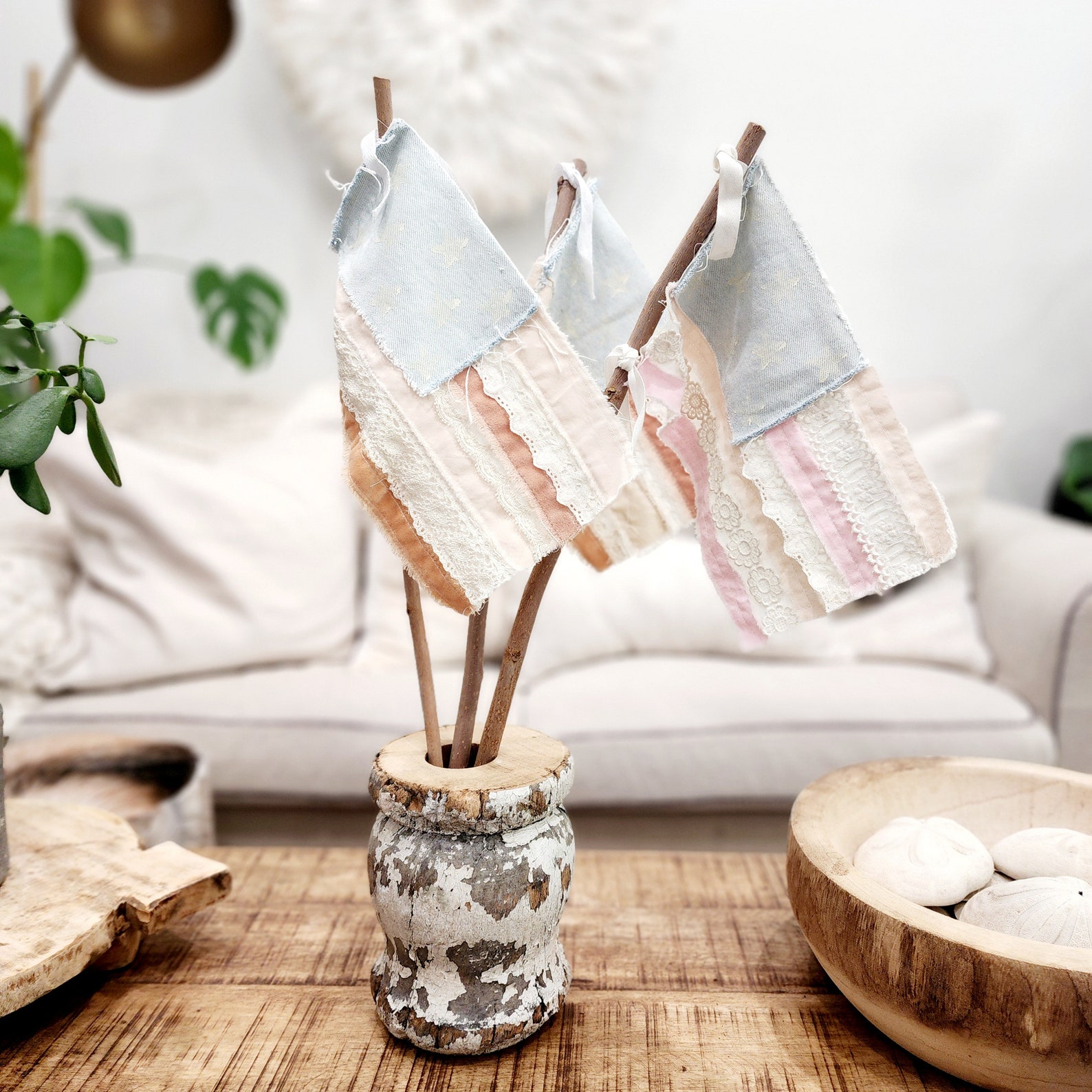 Large Rag Flag Handmade Fabric Vintage Lace Scrap Rag Flags Patriotic Americana 4th of ...