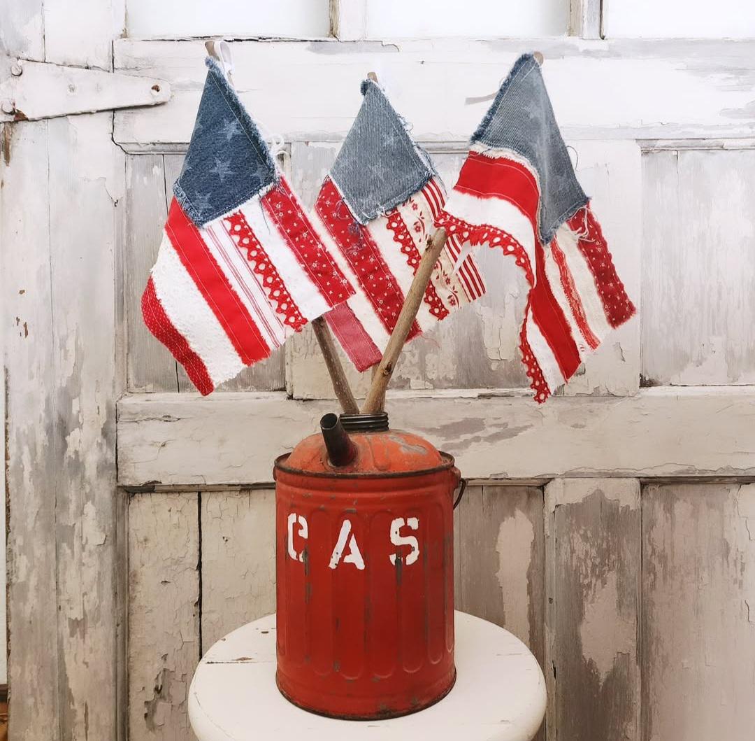 Large Rag Flag Handmade Primitive Fabric Vintage Lace Scrap Rag Flags Patriotic ...