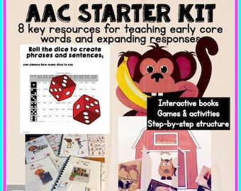 Puede incluir: Un kit de inicio de AAC para enseñar palabras básicas tempranas y ampliar las respuestas. El kit incluye libros interactivos, juegos y actividades con una estructura paso a paso. El kit también incluye un juego de dados para ayudar a crear frases y oraciones.