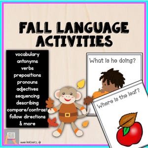 Puede incluir: Una hoja de trabajo imprimible colorida para actividades de lenguaje de otoño. La hoja de trabajo incluye vocabulario, antónimos, verbos, preposiciones, pronombres, adjetivos, secuenciación, descripción, comparación/contraste, seguir instrucciones y más. La hoja de trabajo también incluye dos imágenes, una de un mono y otra de un niño.