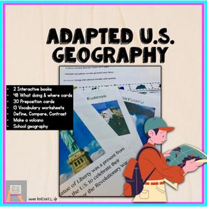 May include: A colorful image with the text "ADAPTED U.S. GEOGRAPHY" at the top. The image features a cartoon illustration of a person holding a map and a variety of images of famous landmarks in the United States, including the Statue of Liberty, Mount Rushmore, and Old Faithful.