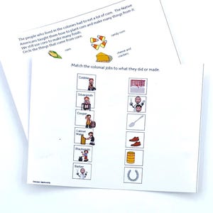 Language activities for speech therapy centered around colonial life themes