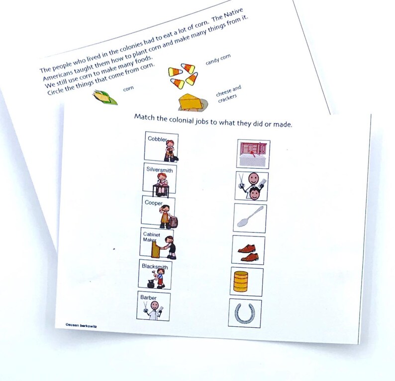 Language activities for speech therapy centered around colonial life themes