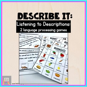 May include: Two printable bingo cards for a listening game. The first card has images of animals, including a zebra, duck, and carpenter. The second card has images of food and drink, including a watermelon slice, apple, fish, carrot, green grapes, banana, salad, and macaroni.