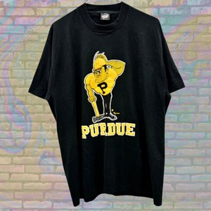 80s Purdue University T-Shirt Boilermaker Pete Mascot Graphic Tee NCAA College Sports Shirt Vintage Campus Crew Unisex Black Size XL