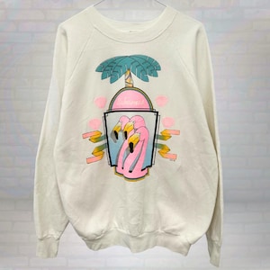 Vintage Flamingo Sweatshirt, 90s Pastel Graphic Crewneck, Retro Tropical Streetwear, Soft White Unisex Pullover, Size Large