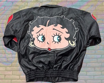 Betty Boop Big Face Embroidered American Toons Leather Jacket Large Unisex 90s Vintage Cartoons USA