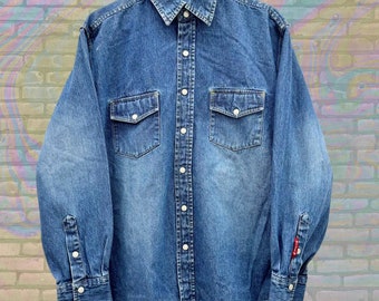 BUM Equipment Button Up Jean Denim Jacket Large Unisex Y2K Vintage Casual Western Grunge Grunge