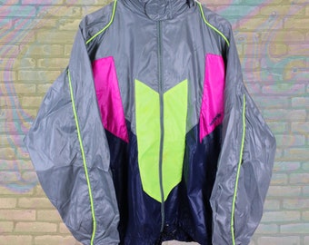 Adidas Neon Futuristic Patches Windbreaker Large Unisex 80er Jahre Vintage Athleisure Sportswear