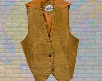 Western Americana des années 70 vintage Roughwear Blues Made in USA petit gilet en cuir marron fait main