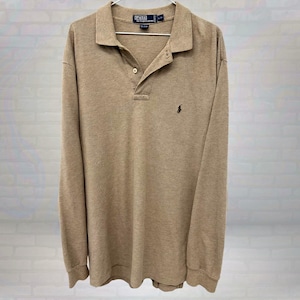 Vintage Polo Ralph Lauren Long Sleeve Polo Shirt | Beige Knit Classic Preppy Y2K Streetwear Top | Retro Mens Designer Casual Wear Size Large