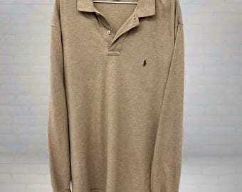 Vintage Polo Ralph Lauren Long Sleeve Polo Shirt | Beige Knit Classic Preppy Y2K Streetwear Top | Retro Mens Designer Casual Wear Size Large