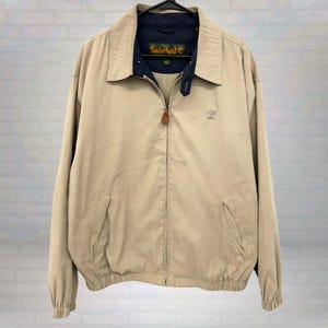 Vintage Timberland Harrington Jacket, Beige Zip Up Windbreaker, 90s Minimalist Streetwear, 90s Casual Outerwear, Utility Coat, Size Large