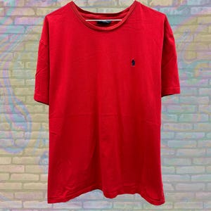 Vintage Ralph Lauren Red T-Shirt, Classic Polo Logo Tee, 90s Preppy Streetwear, Minimalist Embroidered Top, Casual Cotton Shirt, Size Large