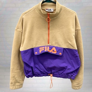 Vintage FILA Half-Zip Oversized Pullover, Purple and Beige Colorblock Fleece, Retro 90s Sportswear, Size Ladies Small (Fits L)