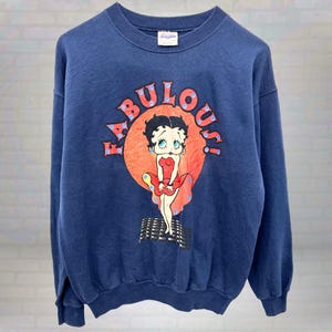 Vintage Betty Boop Sweatshirt - Navy Blue &quot;Fabulous&quot; Graphic Crewneck, Retro Cartoon Pullover 90s Style Streetwear Size Medium