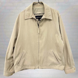 Vintage London Fog Harrington Jacket, Beige Zip Up Windbreaker, Minimalist 90s Streetwear Coat, 90s Smart Casual Outerwear, Size Large