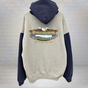 Vintage Harley-Davidson Hoodie - Two Tone Gray Navy Sweatshirt with Eagle Mountain Graphic, Biker Motorcycle Pullover Size 2XL